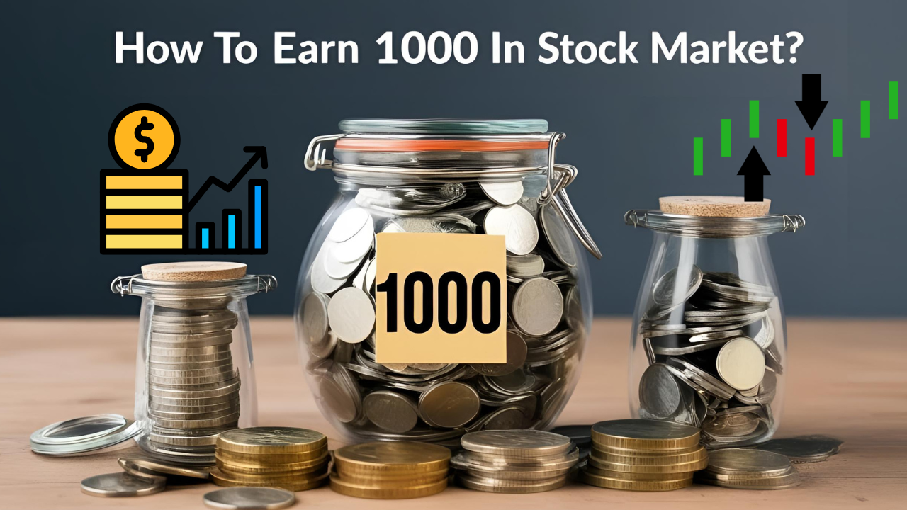 Trader analyzing stock charts on multiple screens to earn 1000 daily from stock market trading